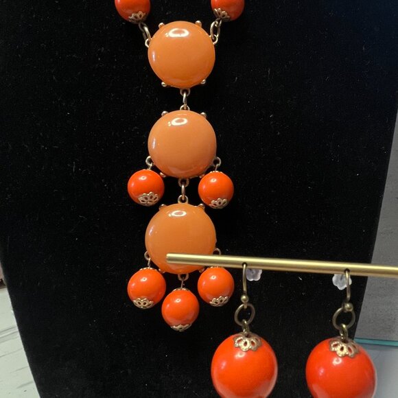 Handmade Upcycled Orange Cascade Statement Necklace and Earring Set - Picture 2 of 15